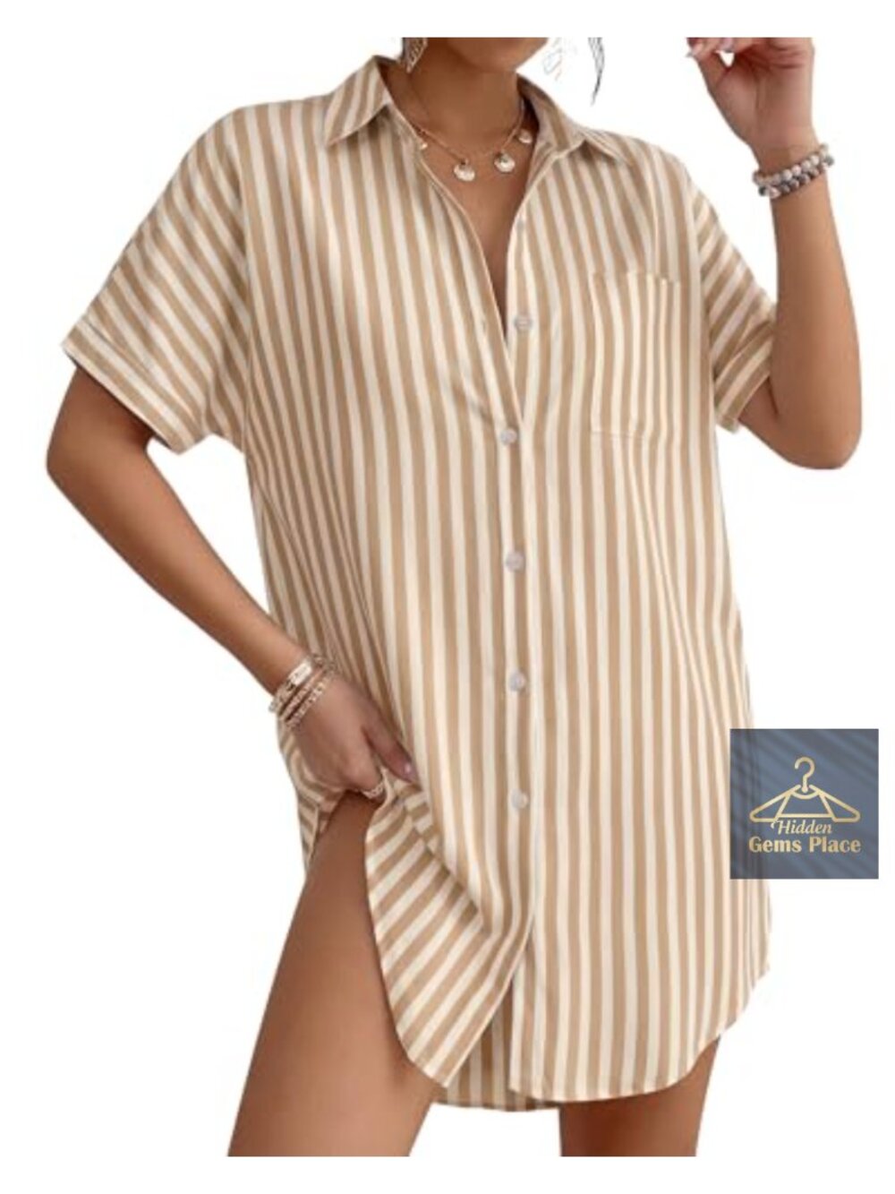 Women's Button Down Swimsuit Coverup Short Sleeve High Low Beach Shirt